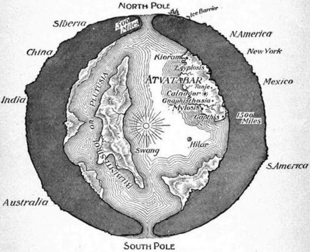 agartha map - India Australia China Siberia Or Plutusia Bilbinte Sirol North Pole 500 Miles lee Barrier N.America New York Kioram Egyplosis Atvatabar Tanje. Calnogor Graphisthasia Mylosis Capthis 1500 Miles Hilar Swang South Pole Mexico S.America